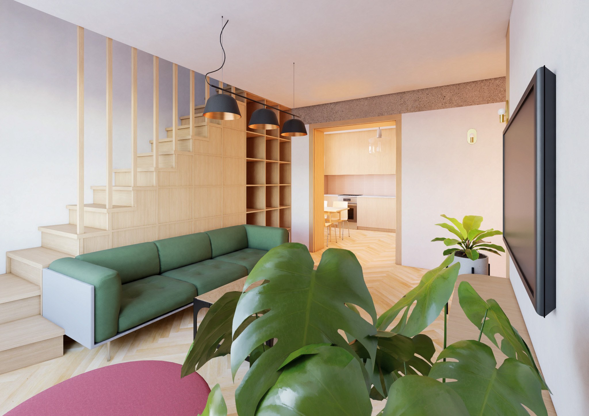 the living room, the stair and the shelving built into it